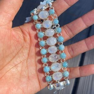 Amazing flashy moonstone larimar 925 sterling silver triple row panel bracelet